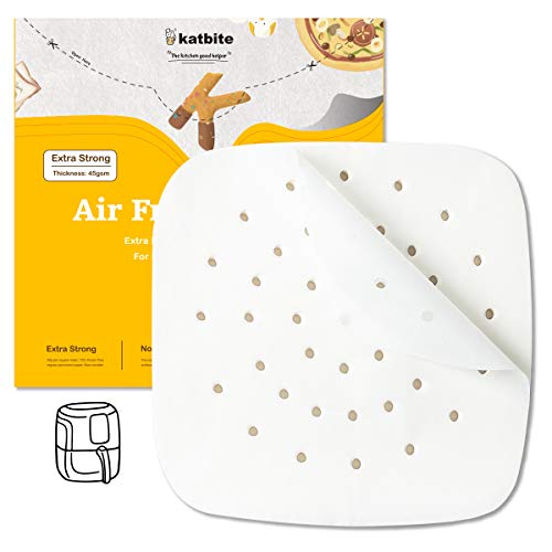 Katbite 120Pcs 7.5 Inch, 8.5"6.5" Inch Heavy Duty Air Fryer Liners Parchment Paper, Perforated Parchment Paper for Air Fryer, Streamer, Pans, Extra Strong, No Burn, Easy Cleanup(7.5 Inch Square)